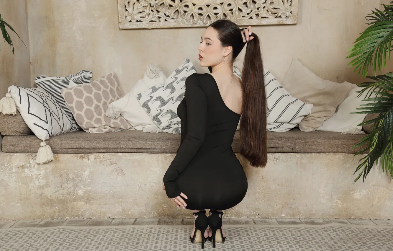 Фото обои ponytail, model, big ass, sexy woman, gorgeous, photoshoot, posing, black dress