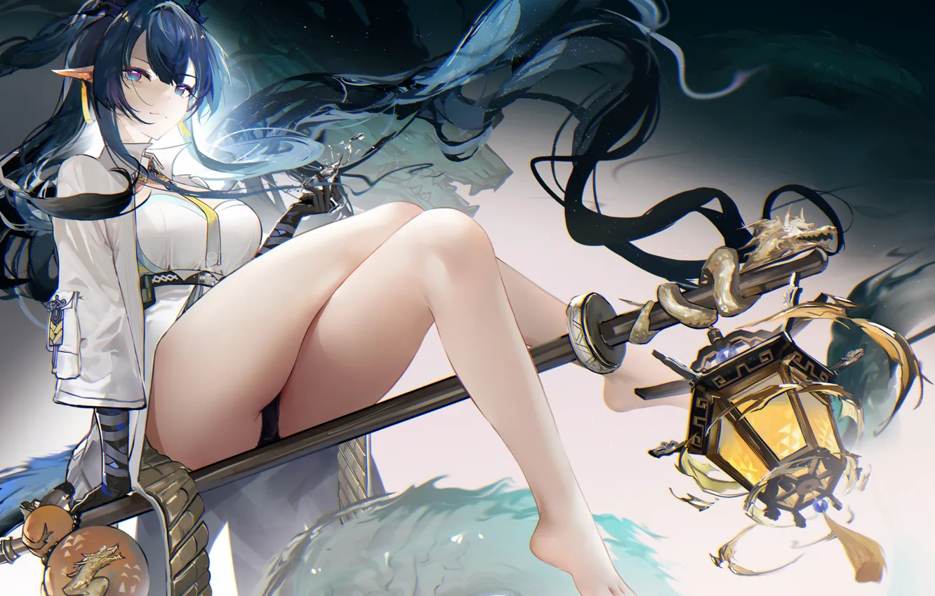Фото обои девушка, дракон, фэнтези, фонари, коктейль, посох, ling, Arknights