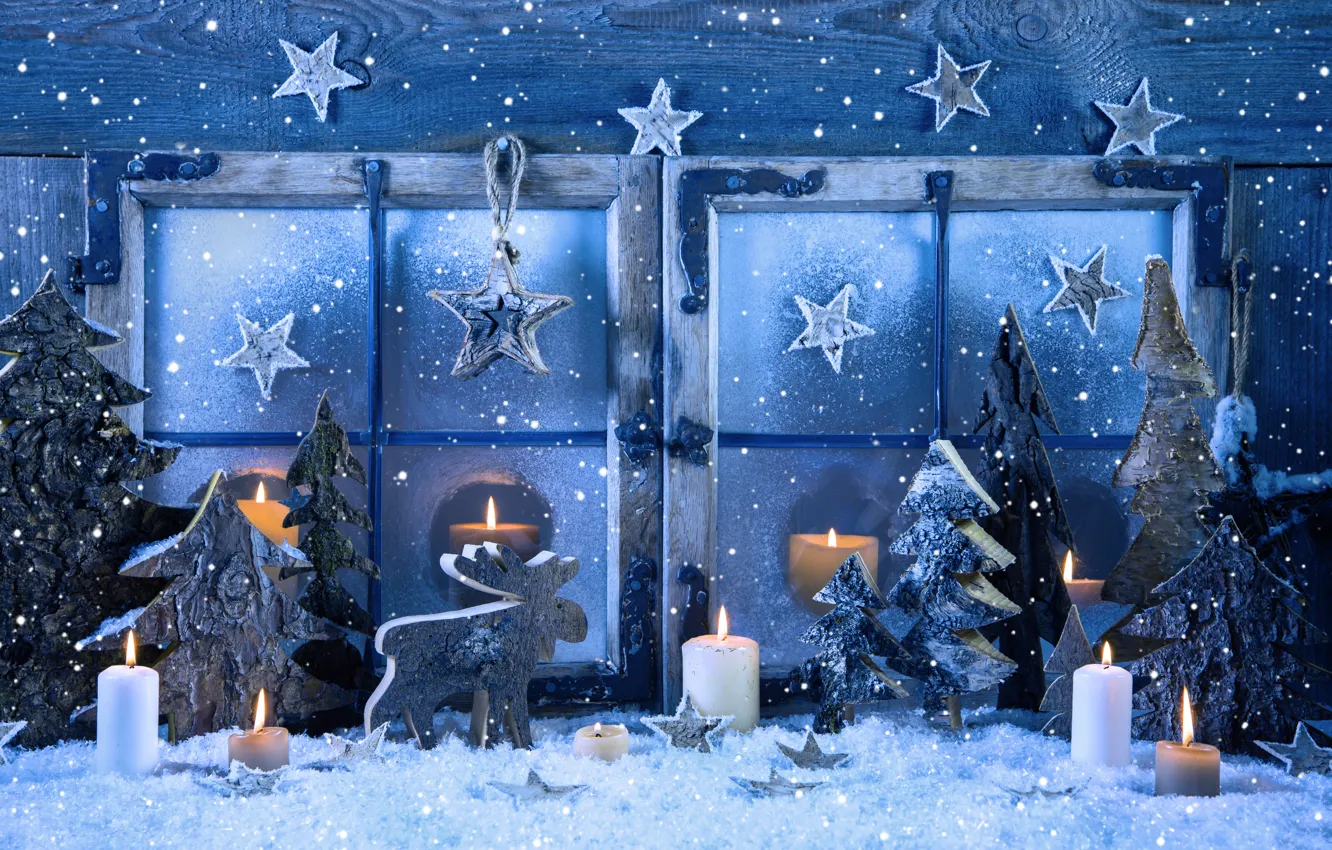 Фото обои зима, снег, украшения, снежинки, Новый Год, окно, Рождество, Christmas