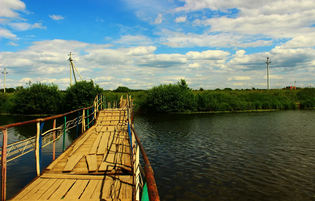 Фото обои зелень, небо, вода, река, растительность, Мост, кокшага