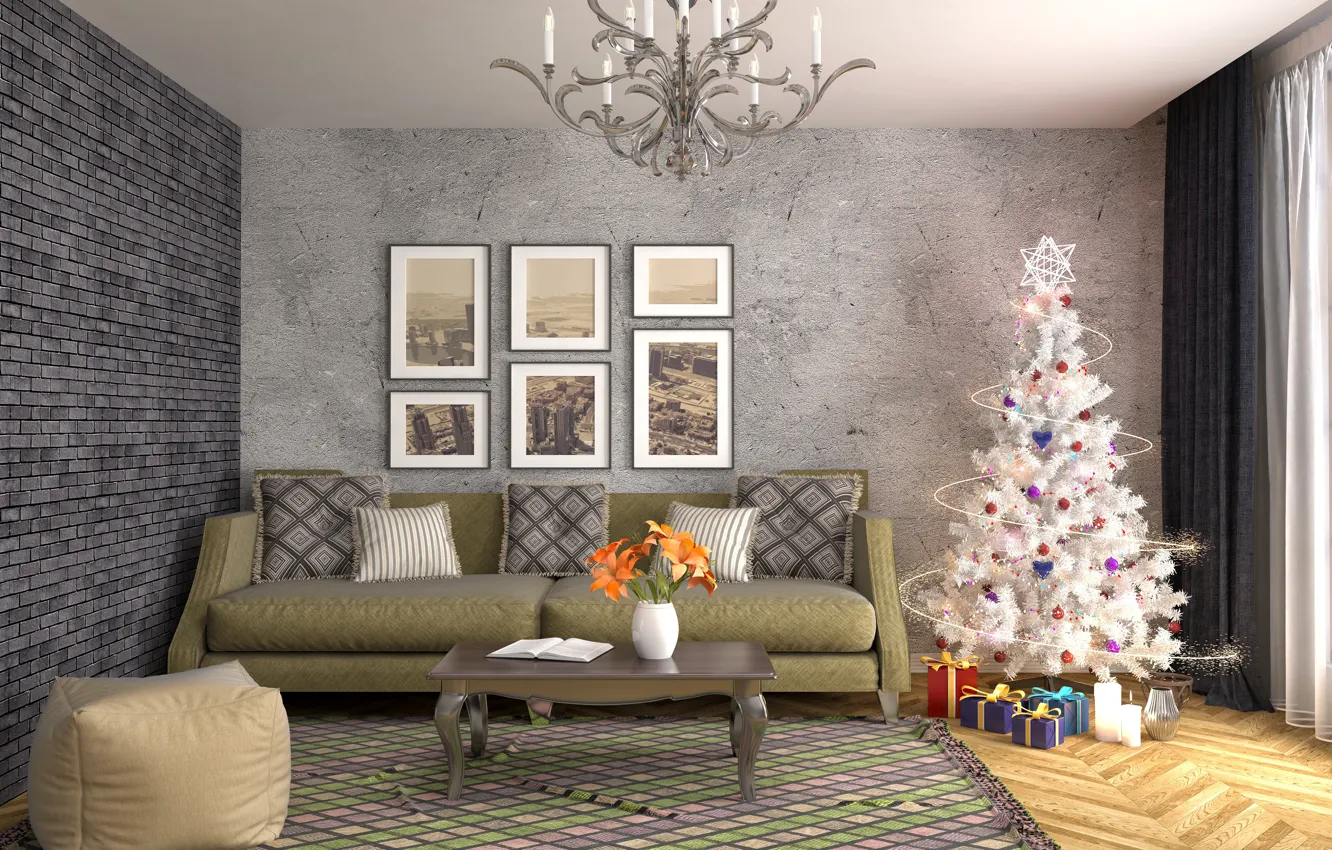Фото обои украшения, комната, диван, графика, елка, интерьер, люстра, Новый год