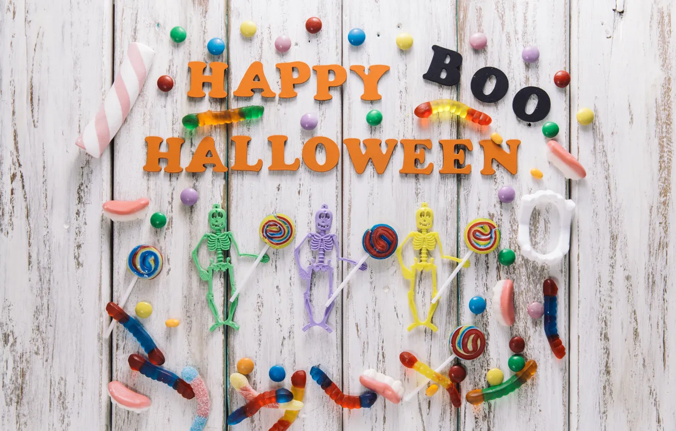 Фото обои праздник, надпись, паук, скелет, хэллоуин, мармелад