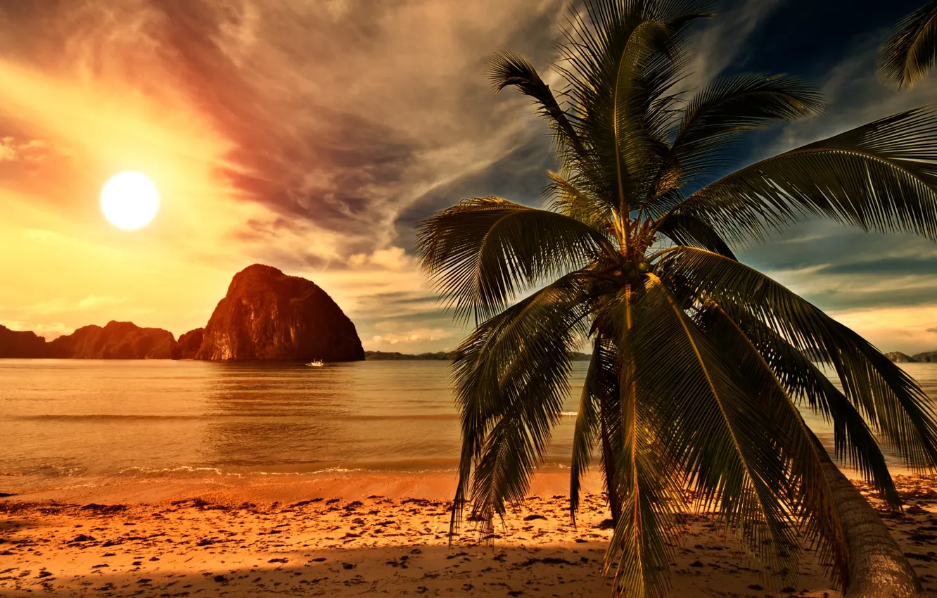 Фото обои песок, море, пляж, небо, солнце, облака, пейзаж, закат