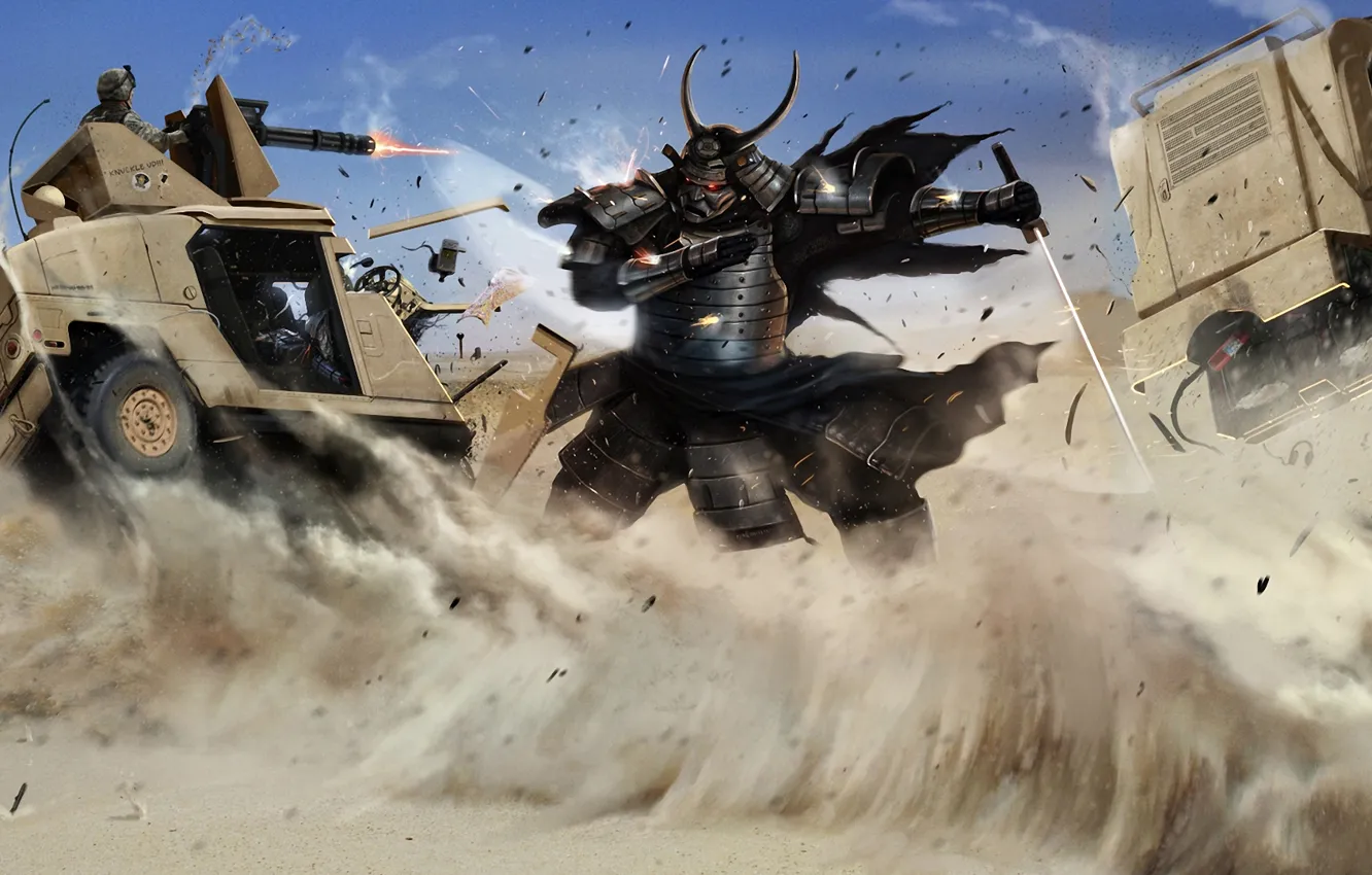 Фото обои песок, машина, пустыня, меч, катана, арт, самурай, солдаты