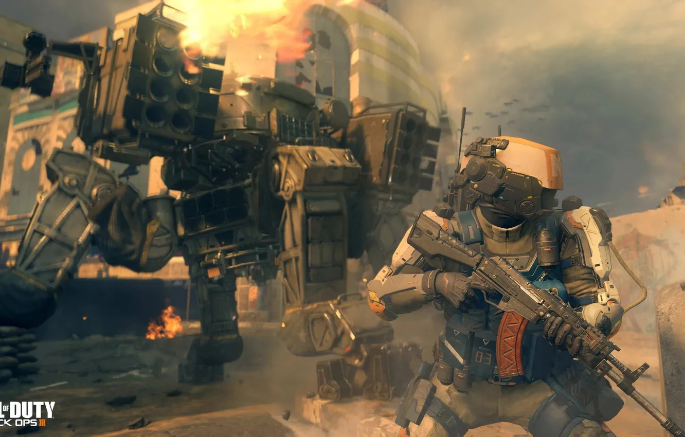 Фото обои война, робот, укрытие, солдат, мех, Call of Duty: Black Ops 3