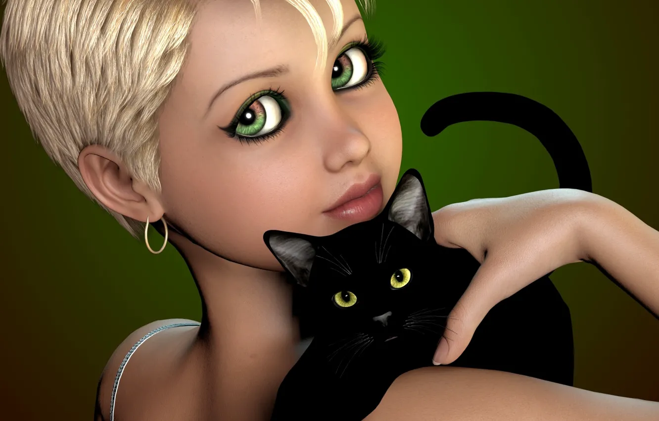 Фото обои кот, девушка, черный, стрижка