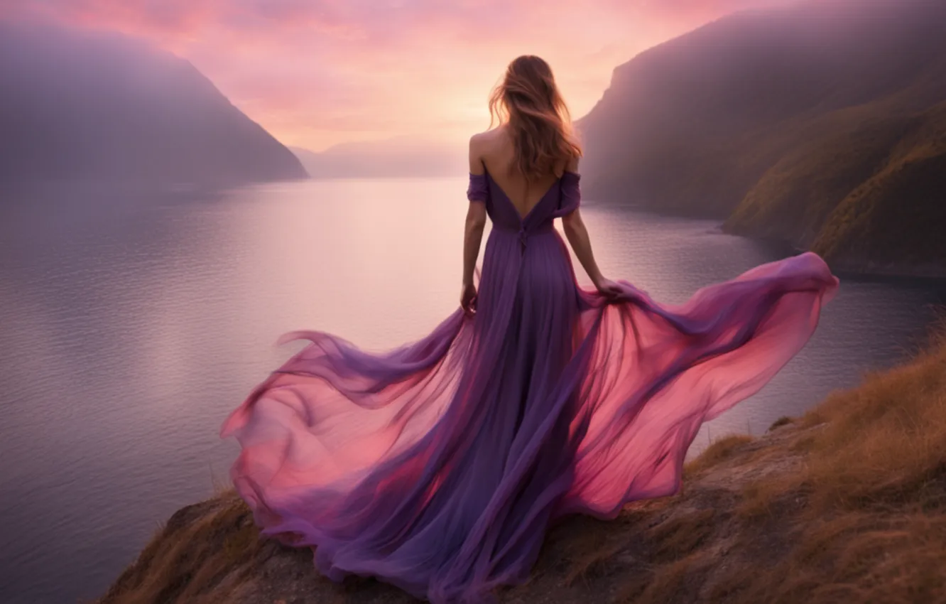 Фото обои лето, девушка, горы, природа, туман, даль, платье, дымка