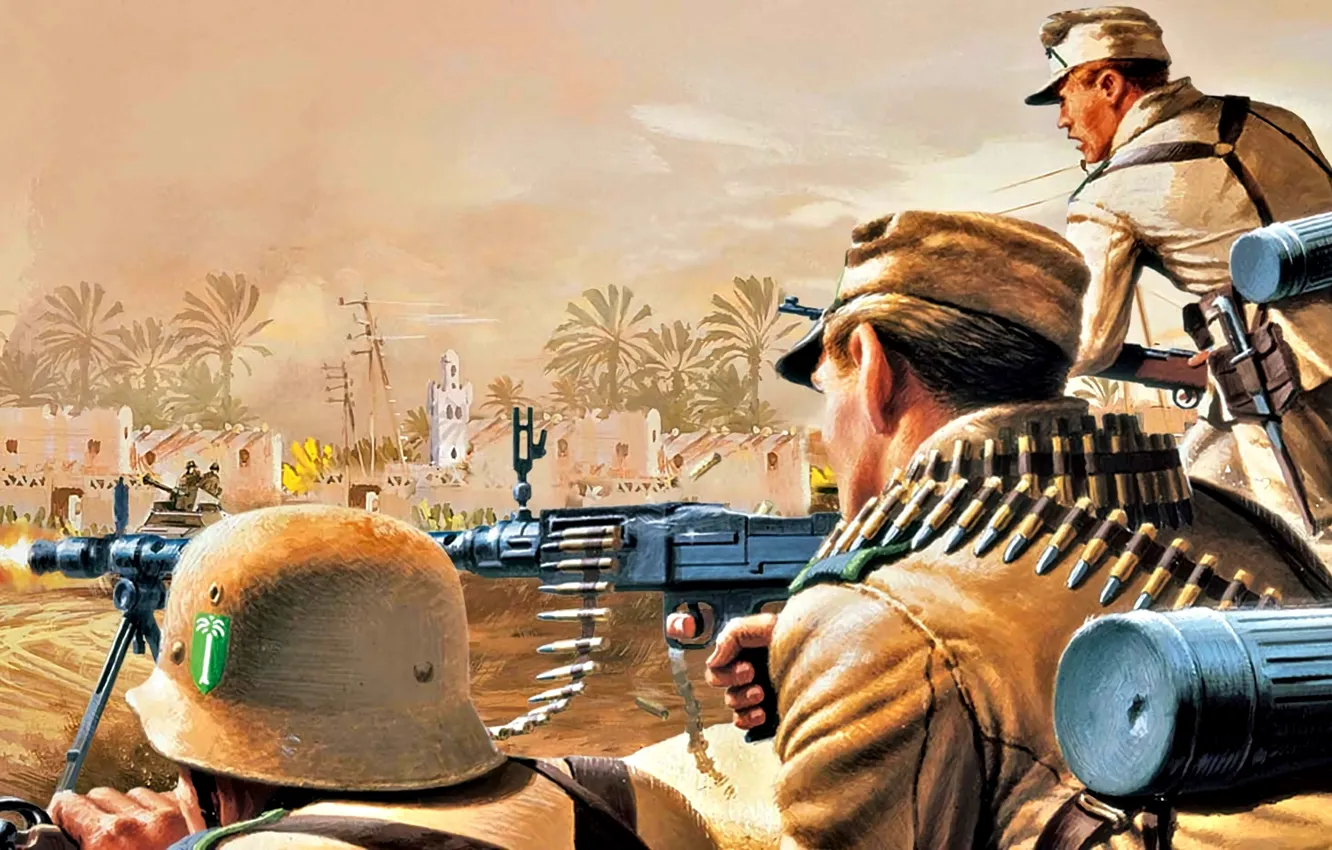 Фото обои Солдаты, Пулемёт, WWII, MG-34, DAK, Немецкий Африканский Корпус, Maschinengewehr 34, Пулемётчик