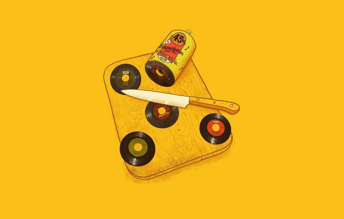 Фото обои Минимализм, Нож, Диски, Yellow, Колбаса, Braunschweiger