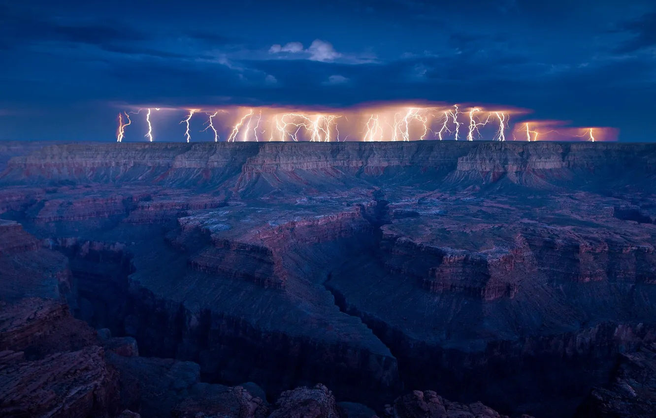 Фото обои гроза, тучи, скалы, молнии, Гранд Каньон, Grand Canyon