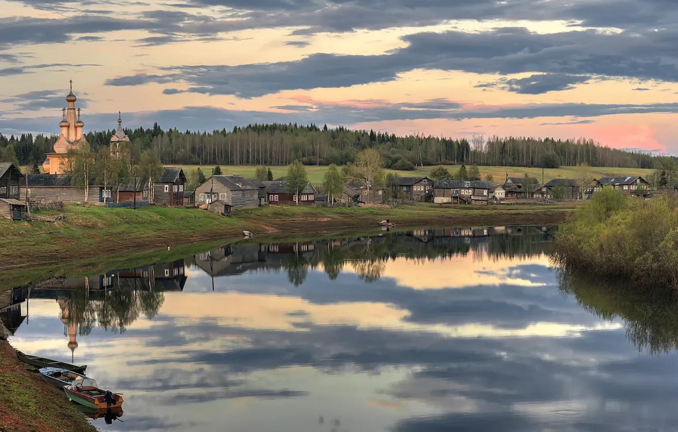 Фото обои река, дома, деревня, Архангельская область, Кимжа