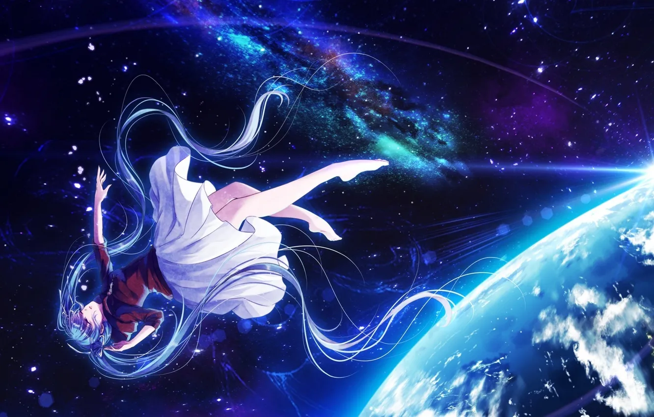 Фото обои девушка, космос, земля, планета, аниме, арт, vocaloid, hatsune miku