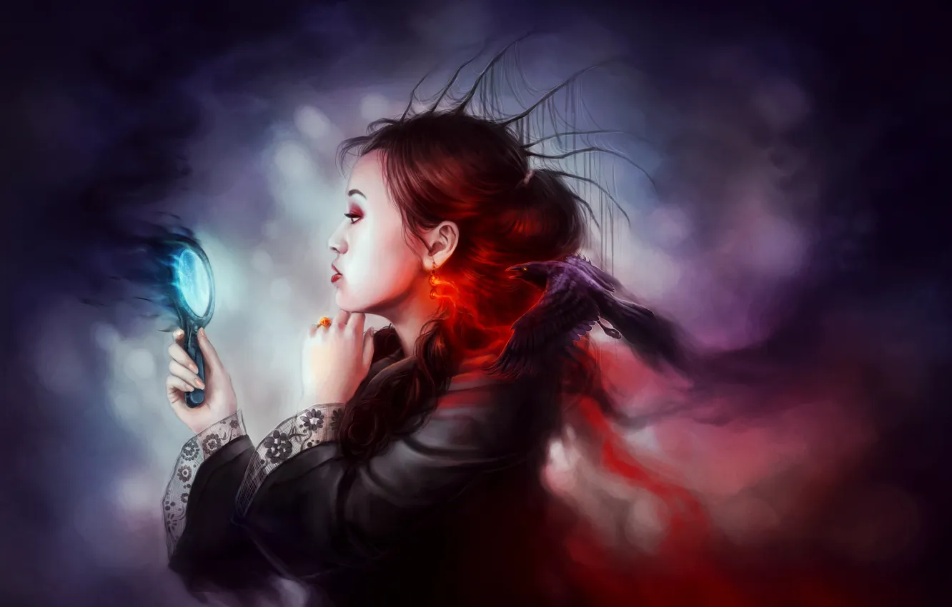 Фото обои девушка, птица, магия, серьги, зеркало, арт, профиль, ворон