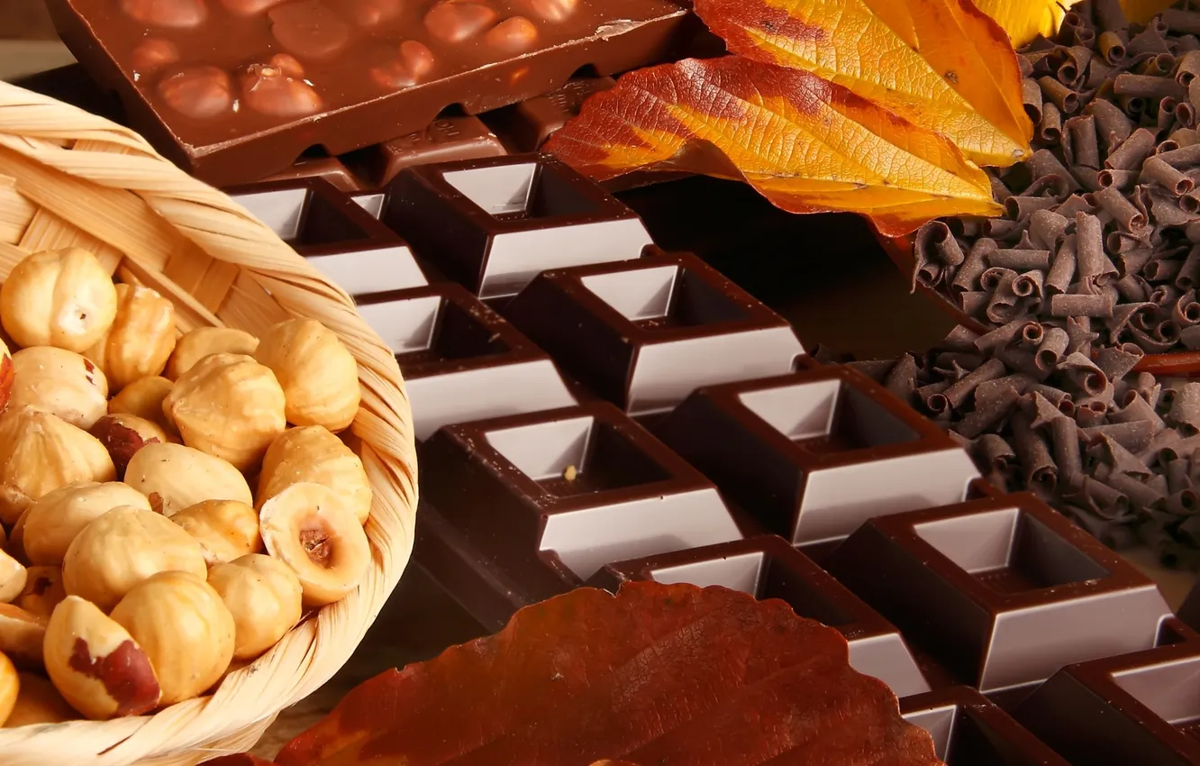 Фото обои темный, шоколад, орехи, плитки, лесные, молочный