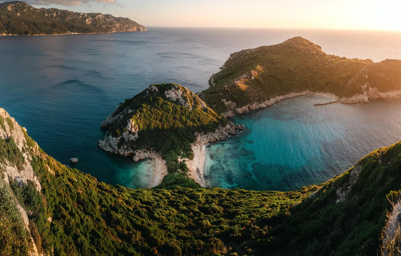 Фото обои sea, sunset, island, Greece, cliffs, Corfu