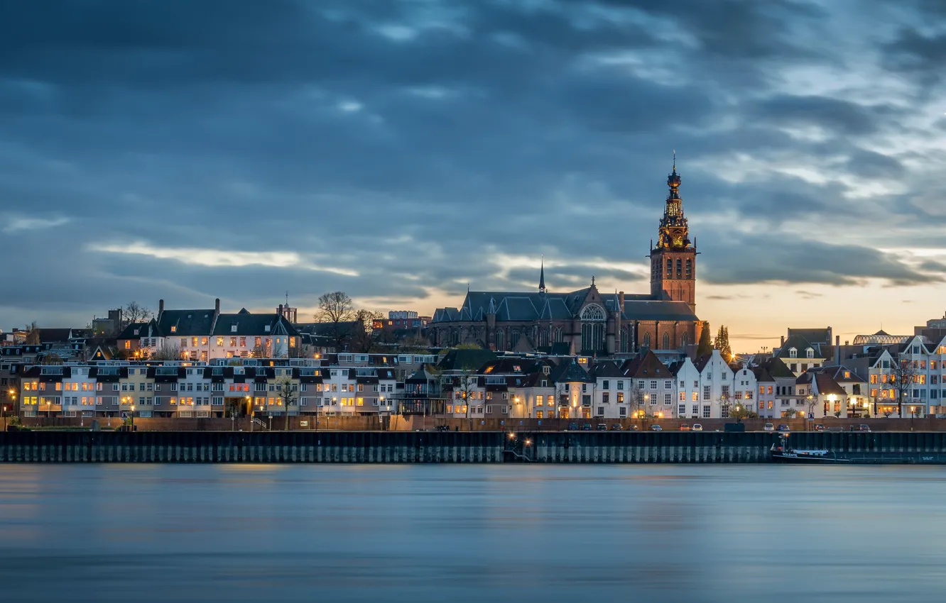 Фото обои огни, река, здания, Нидерланды, Голландия, Неймеген, Gelderland, Nijmegen