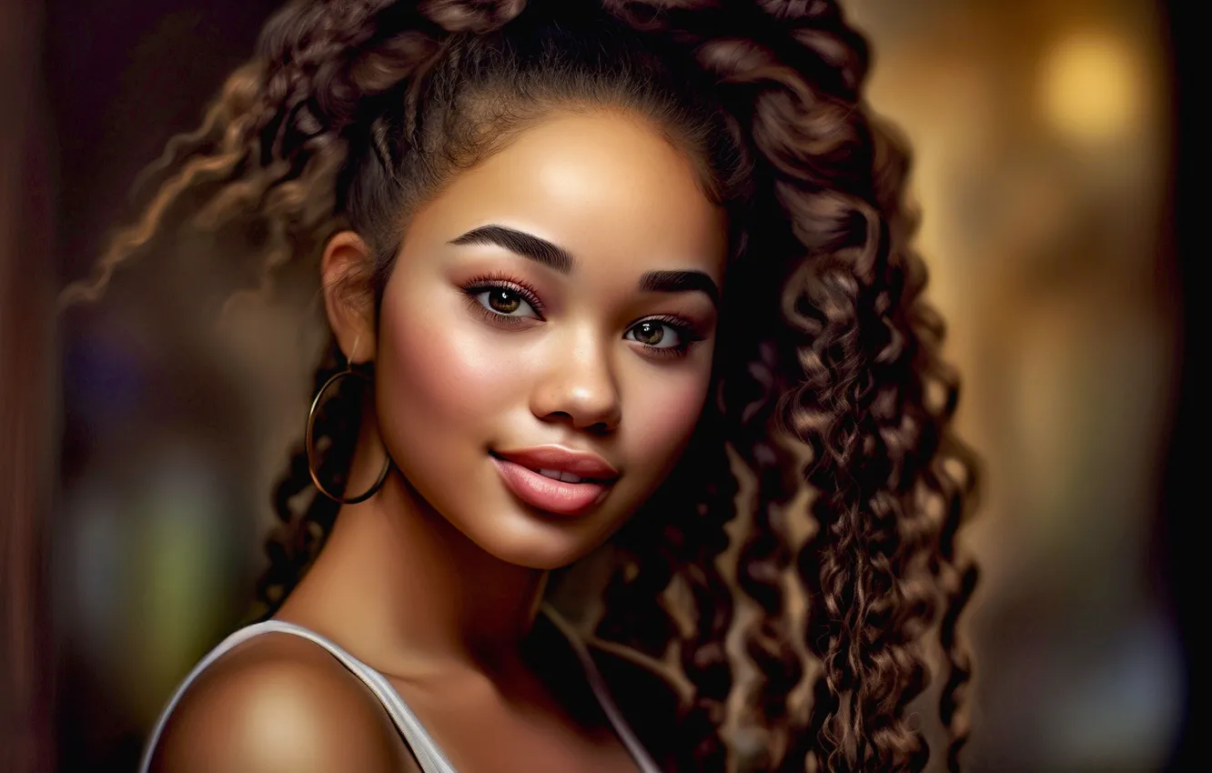 Фото обои девушка, портрет, темнокожая, негритянка, афроамериканка, ИИ-арт, Искусство искусственного интеллекта, НЕЙРОСЕТЬ