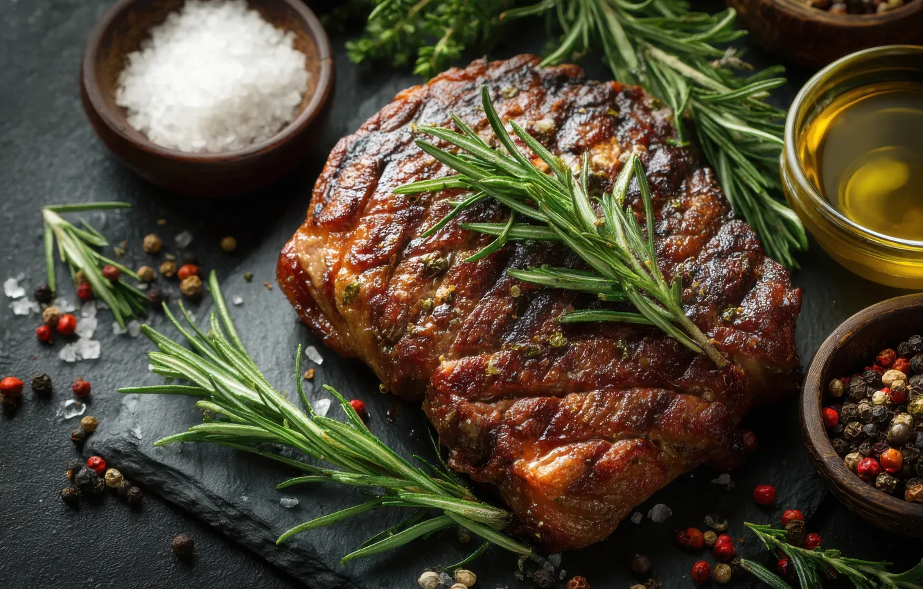 Фото обои зелень, мясо, перец, миска, специи, соль, розмарин, темныйфон