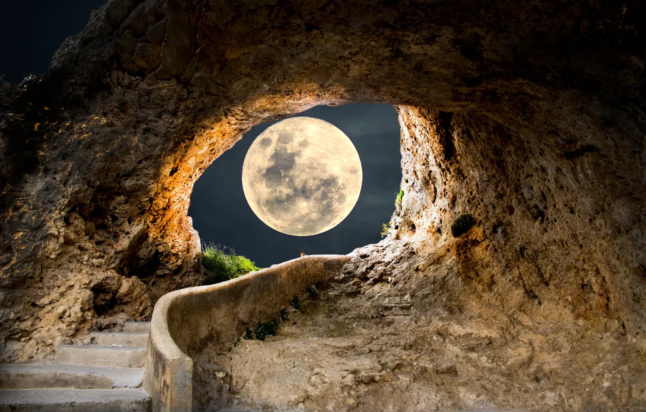 Фото обои небо, свет, ночь, рендеринг, скалы, коллаж, луна, арка