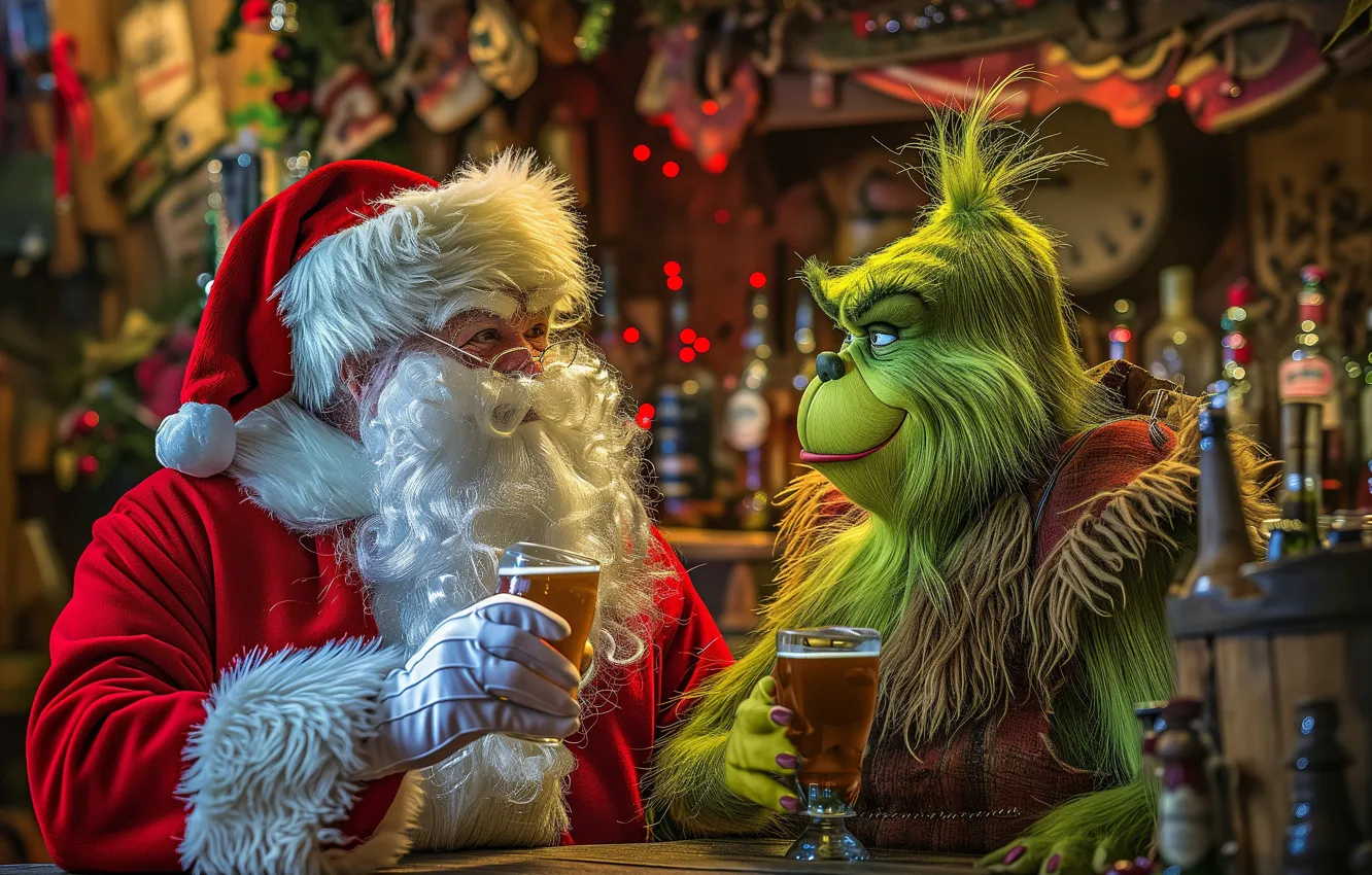 Фото обои пиво, Рождество, Новый год, Санта Клаус, Гринч, нейросеть