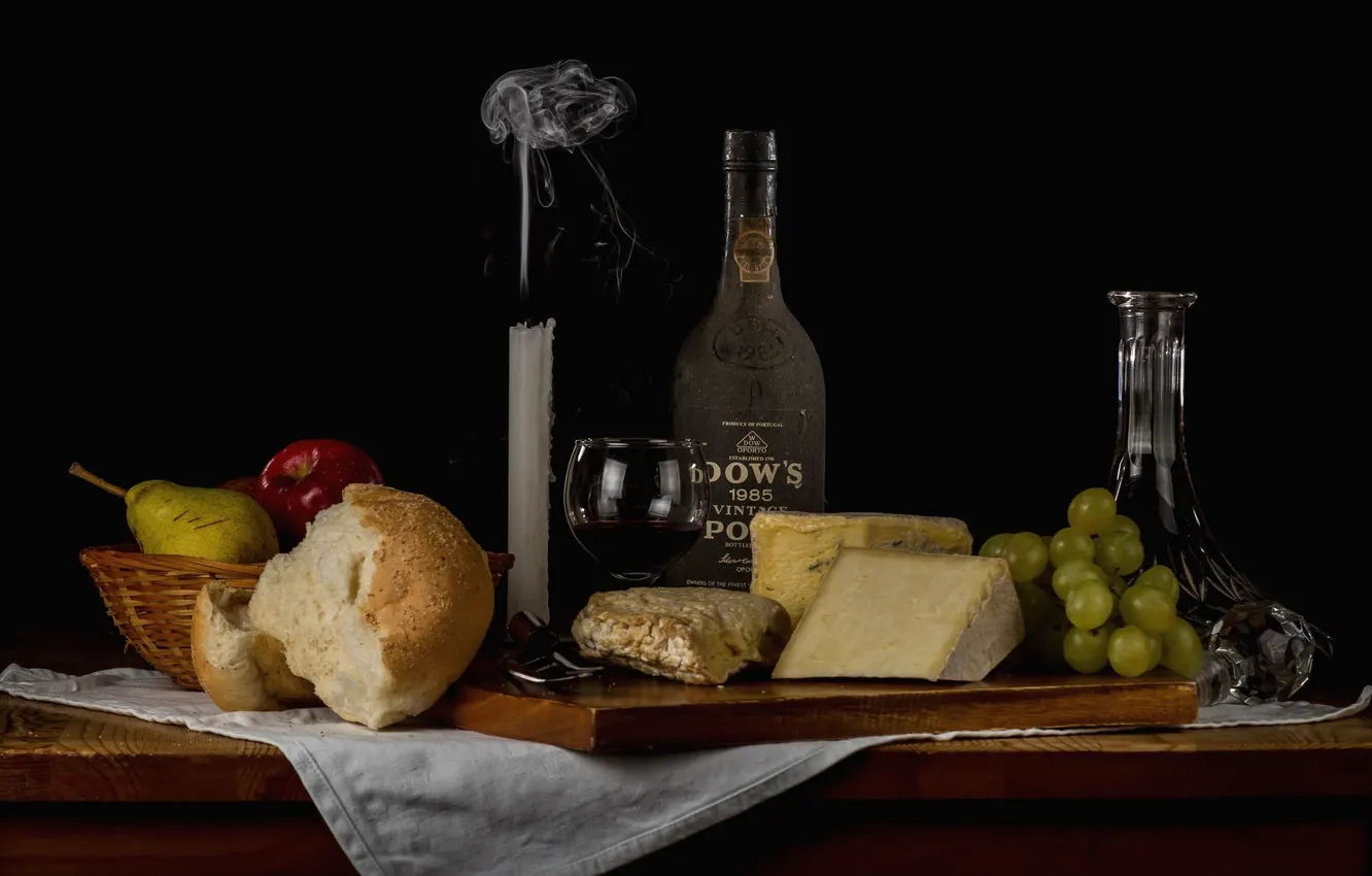 Фото обои свеча, сыр, хлеб, виноград, алкоголь, фрукты, натюрморт