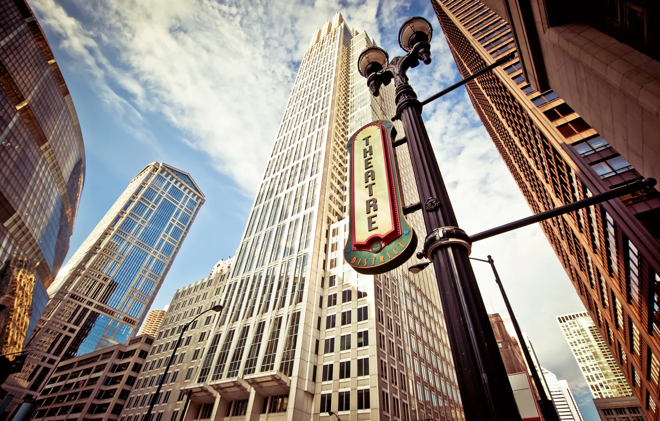 Фото обои здания, buildings, Chicago downtown, theatre district.city, театр district.city, Чикаго в центре города
