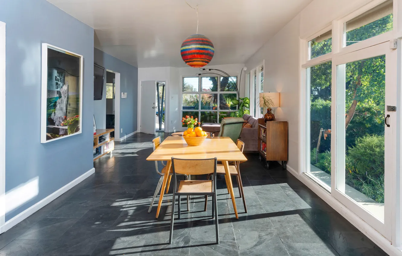 Фото обои дизайн, интерьер, Лос-Анджелес, Los Angeles, ретро стиль, гостиная, столовая, mid-century modern