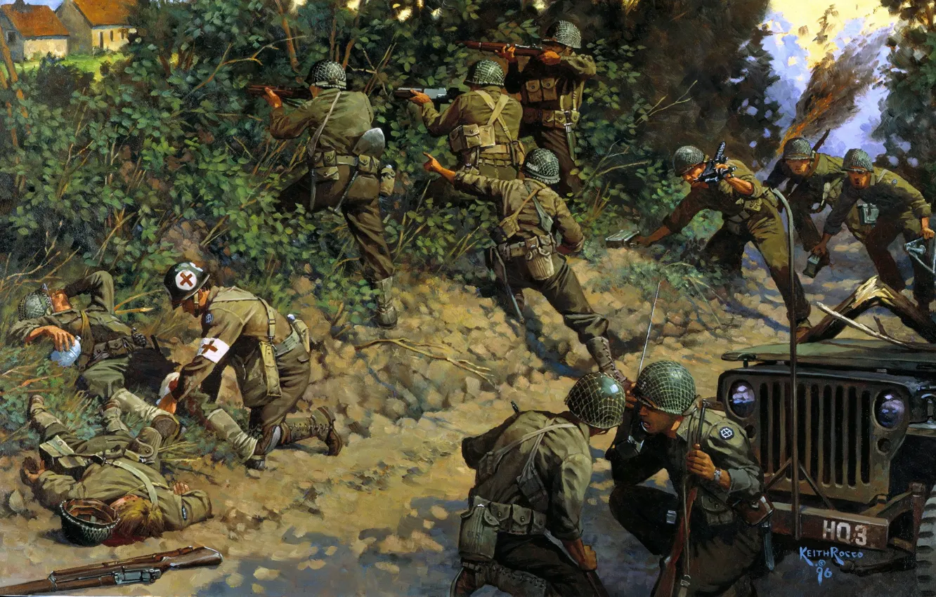 Фото обои Война, Солдаты, Джип, Арт, WW2