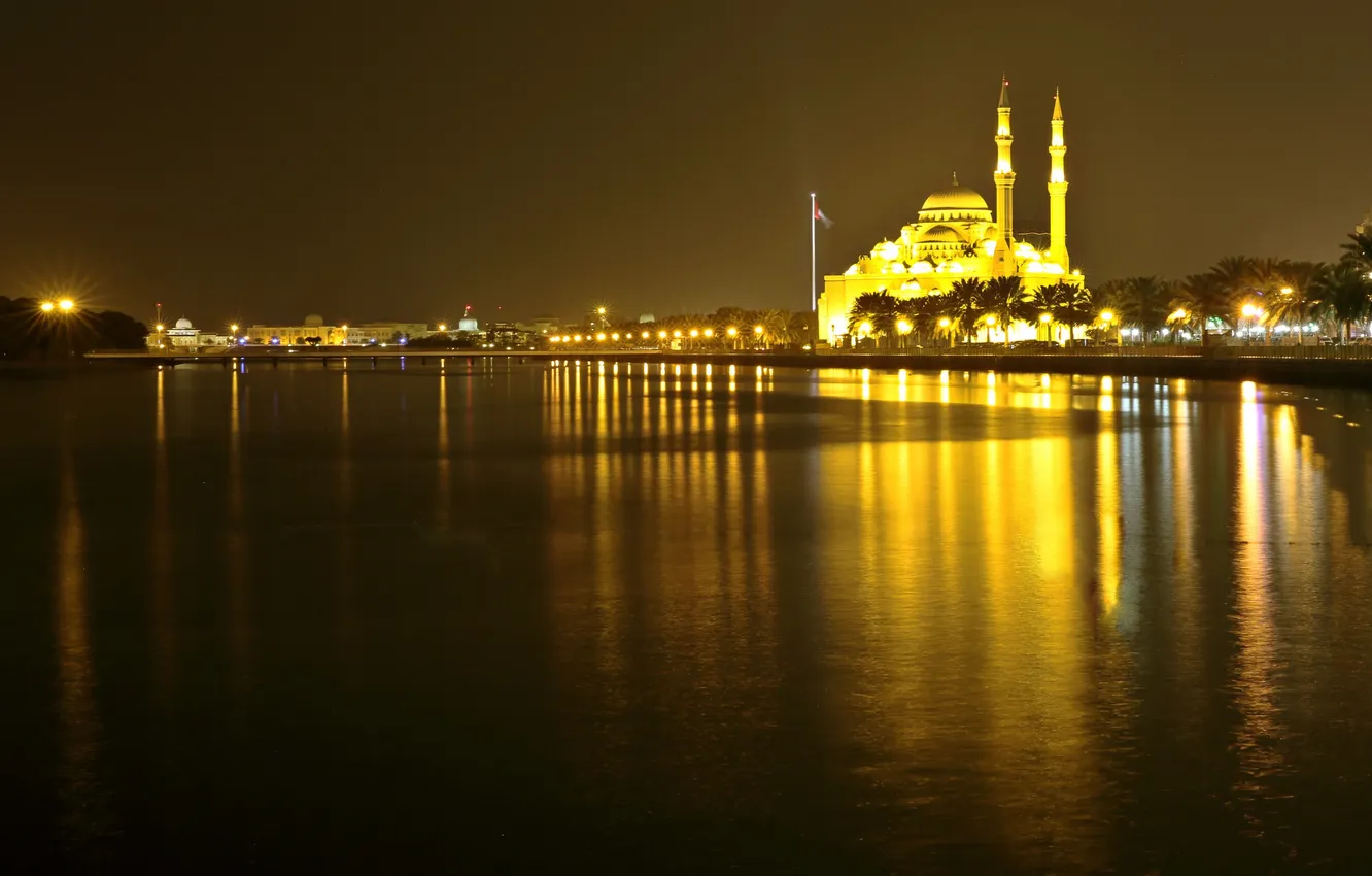 Фото обои ночь, огни, мечеть, ОАЭ, минарет, Шарджа