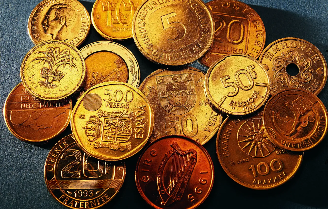Фото обои монеты, Деньги, даты, разный номинал