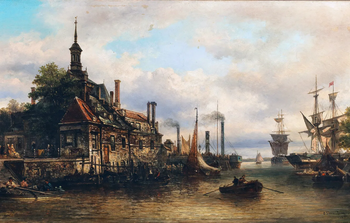 Фото обои Вода, Дома, Люди, Лодки, Картина, Корабли, Голландский художник, Elias Pieter van Bommel