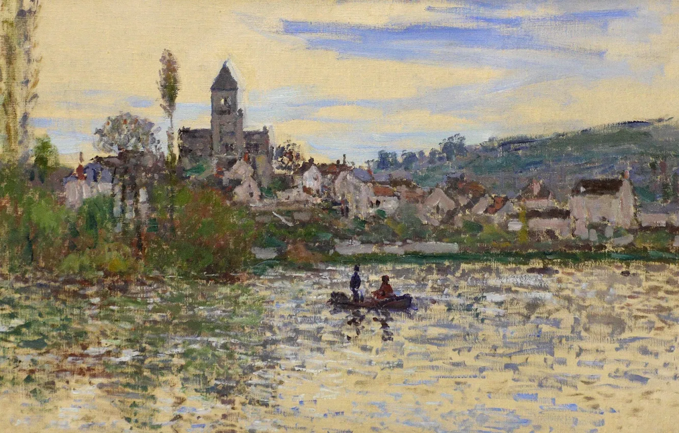 Фото обои пейзаж, река, лодка, картина, Клод Моне, Сена в Ветей