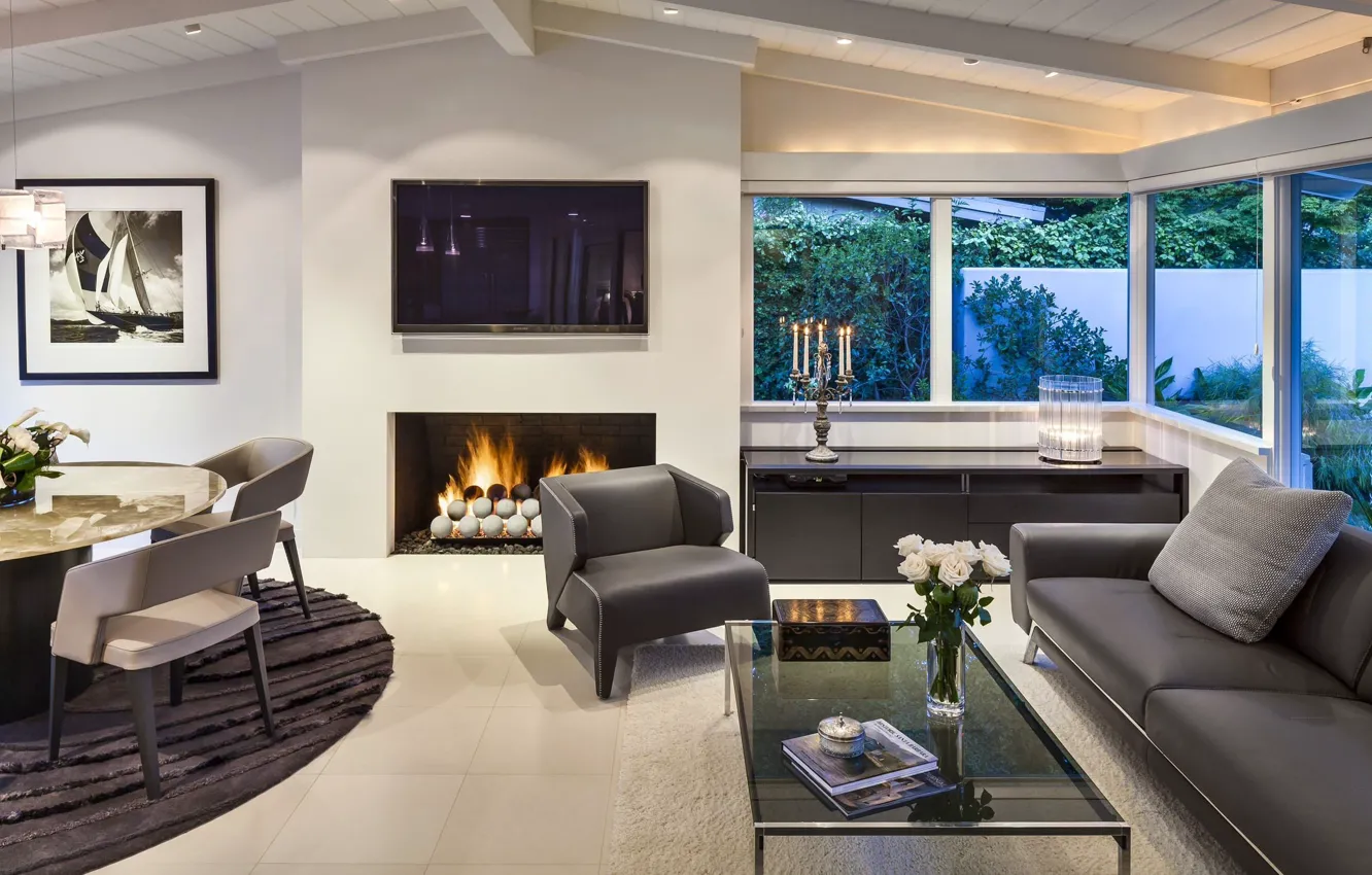 Фото обои интерьер, камин, гостиная, столовая, Montecito Beach Villa