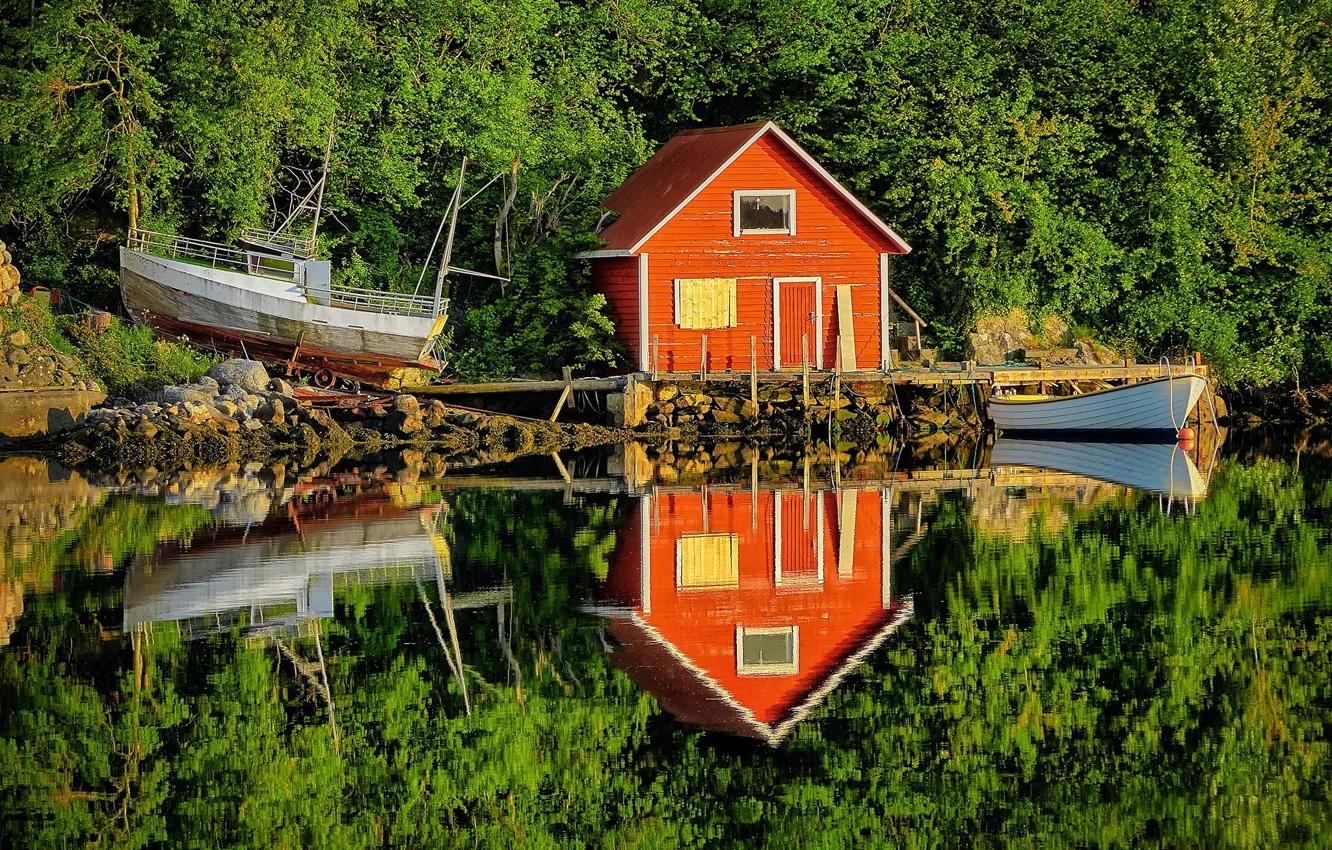 Фото обои reflection, boats, Norway, mirror, Vestlandet, canal, Rogaland, boathouse