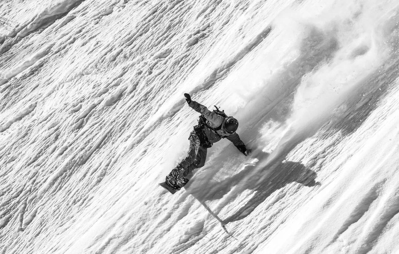 Фото обои зима, снег, горы, сноуборд, тень, сноубордист, экстремальный спорт