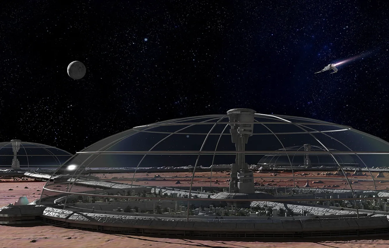 Фото обои space, desert, stars, spaceship, planet, the colony