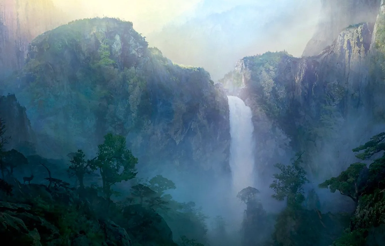 Фото обои горы, рисунок, Водопад