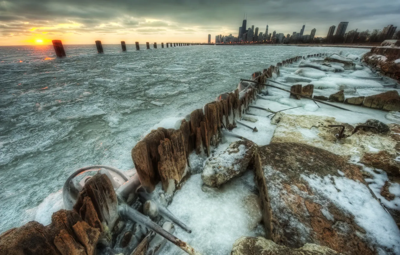 Фото обои зима, город, утро, Чикаго, США, Chicago, illinois, Иллиноис