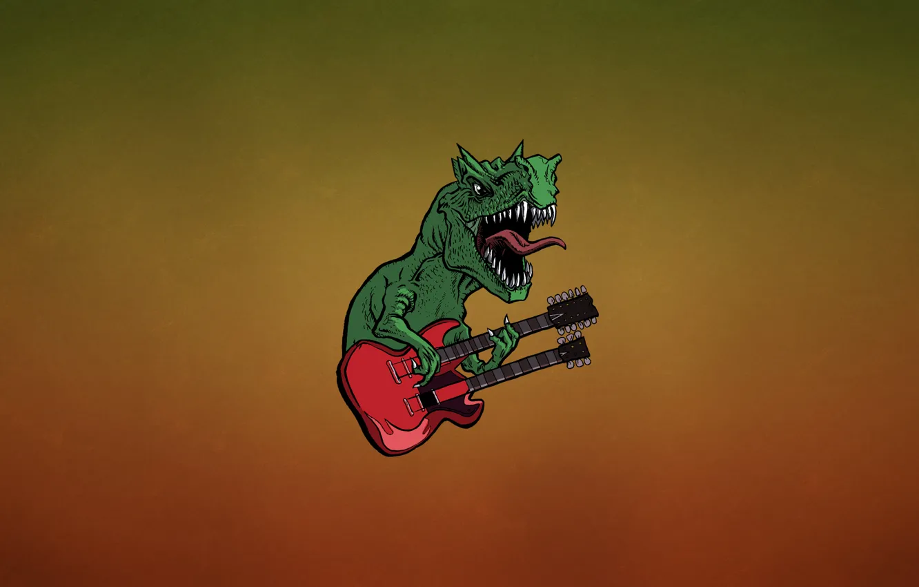 Фото обои язык, красный, зеленый, гитара, динозавр, минимализм, зубы, хард