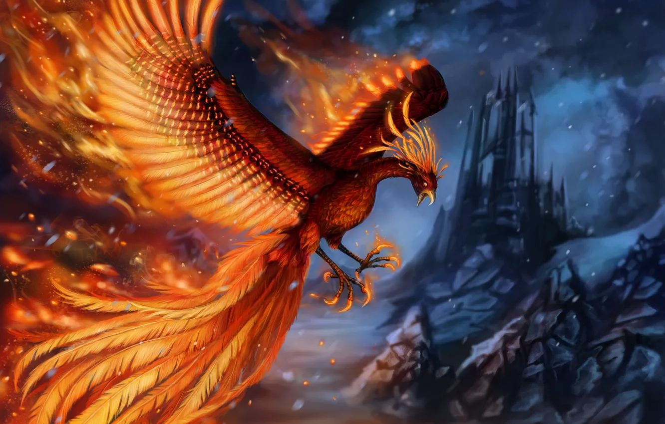 Фото обои замок, скалы, пламя, птица, крылья, фэнтези, арт, феникс
