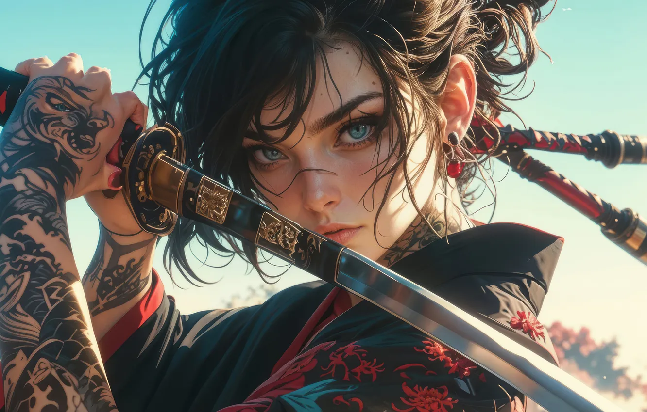 Фото обои Girl, Tattoo, Katana, Blue Eyes, Kimono, Anime Girl, AI Art, AI Generated