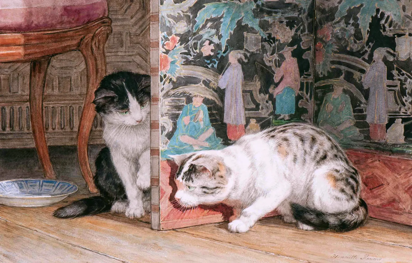 Фото обои Кошки, Картина, Двое, Генриетта Роннер-Книп, Henriette Ronner-Knip, Бельгийская художница, Игра в прятки