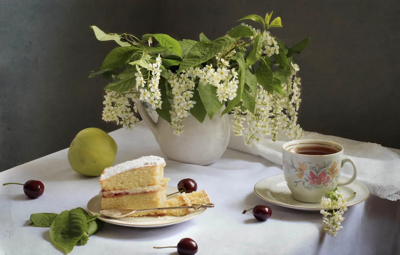 Фото обои вишня, чай, яблоко, торт, натюрморт, черемуха