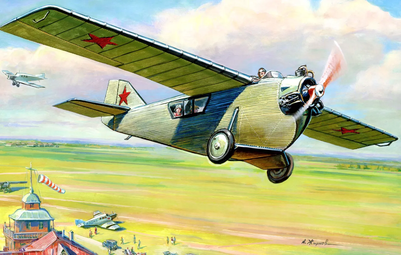 Фото обои полет, самолет, арт, СССР, аэродром, первый, пассажирский, ОКБ