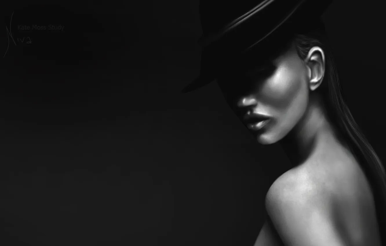 Фото обои девушка, темный фон, модель, шляпа, Kate Moss, кейт, мосс