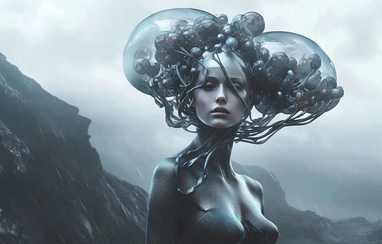 Фото обои грудь, небо, взгляд, девушка, облака, природа, поза, туман