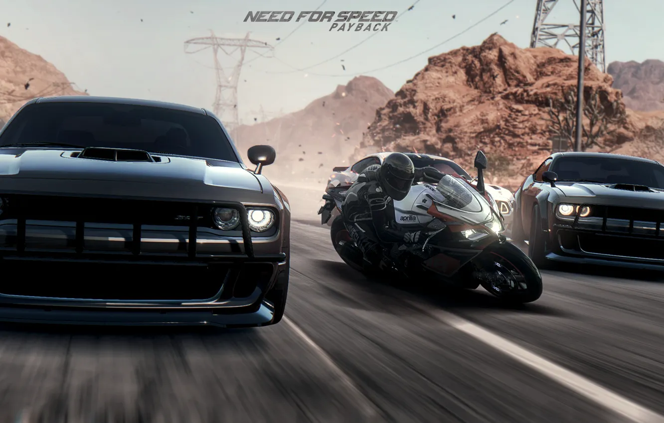 Фото обои пустыня, mustang, гонки, dodge challenger, moto, cars, art, экшен