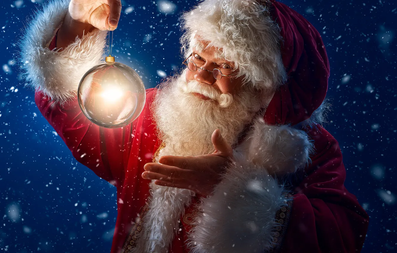 Фото обои зима, свет, снег, шар, Санта Клаус, Santa Claus