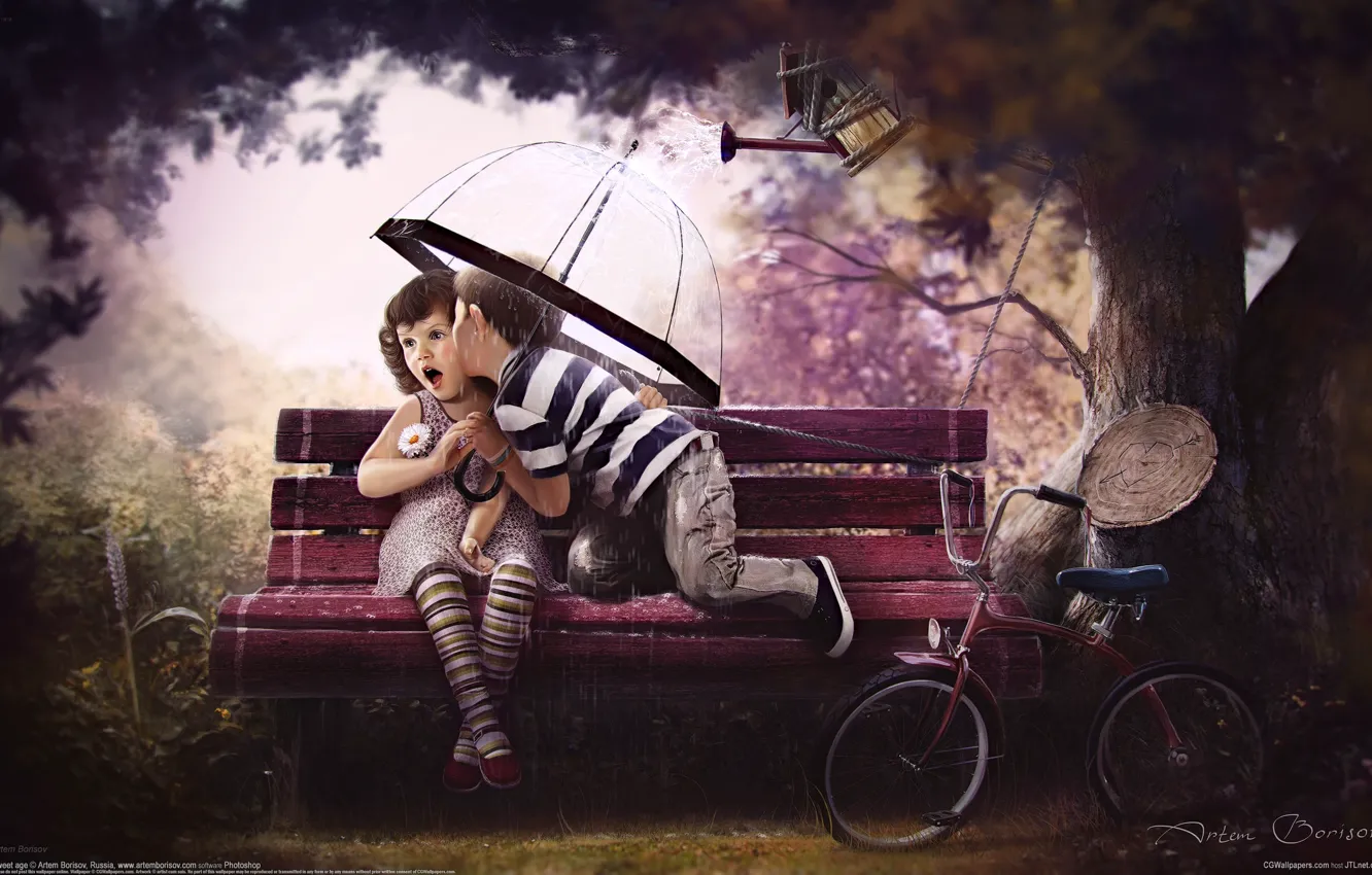 Фото обои любовь, скамейка, велосипед, дети, дерево, sweet age, artem borisov