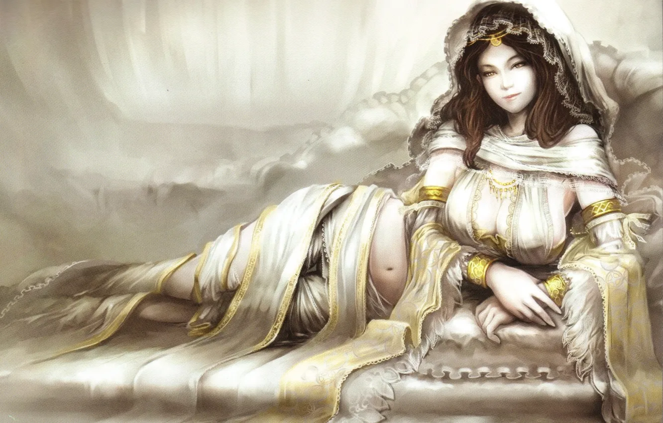 Фото обои грудь, взгляд, улыбка, art, богиня, ложе, Goddess, Anor Londo